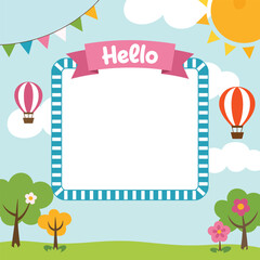 Playful Hello Frame with Hot Air Balloons and Cartoon Landscape Background, Hello Balloon Frame, Playful Sky Greeting, Hot Air Balloon Template, Colorful Outdoor Frame, Sunny Day Message