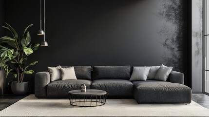 Living room in gray and black colors. blank empty dark room interior. Design in minimalist style