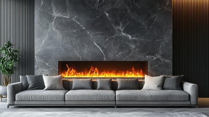 Modern electric fireplace is mounted on a marble wall in cozy living room.