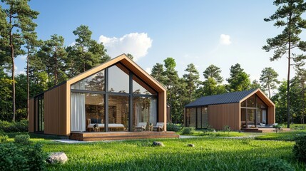 Modern eco-style cottages on the lawn near the forest