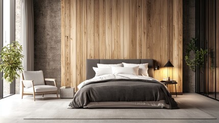 Modern loft style bedroom in apartment. Comfortable double bed with bedding and minimalistic armchair