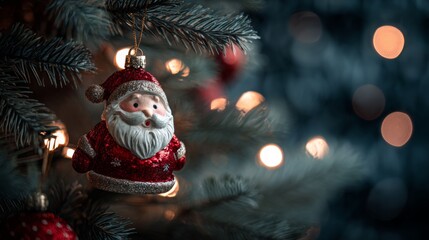Santa Claus ornament hanging on Christmas tree with blurred lights  