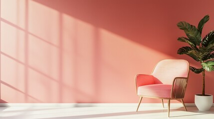 Modern mid century and minimalist interior of living room ,Living coral decor concept,vintage pink armchair with coral wall on white floor ,3d render