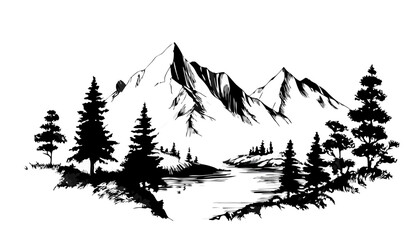 Monochrome Hand Drawn Mountain Landscape with Snowy Peaks, Reflective Lake, and Pine Forest Silhouette