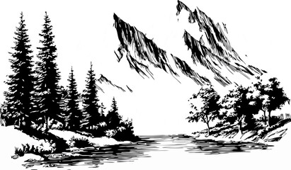 Monochrome Mountain Landscape with Pine Forest and Lake in Bold Hand Drawn Style