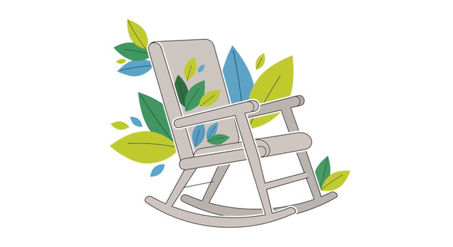 Illustration of a gray rocking chair with colorful leaves on International Day of Older Persons, symbolizing relaxation and seniority in a natural setting.