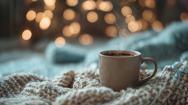 Warm coffee cup resting on cozy knitted blanket with bokeh lights  