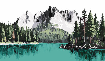 Vector Illustration of Snowcapped Mountains Framed by a Dense Pine Forest and a Teal Lake