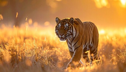 Majestic tiger strides confidently through sunlit grassy savanna environment