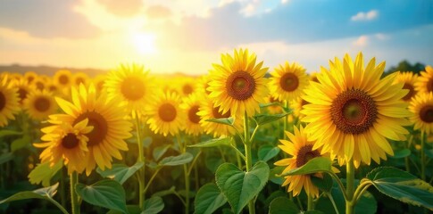 A vibrant field of sunflowers basking in sunlight, symbolizing the clean and sustainable power of renewable energy from nature's bounty , renewable resources, leaves, sustainable development