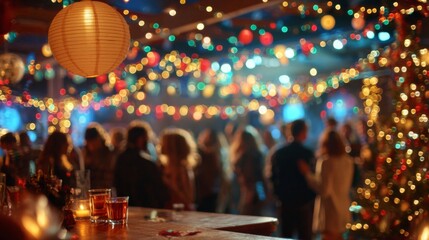 Festive Christmas party scene with people enjoying drinks under colorful lights  