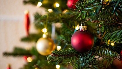 Fototapeta premium Festive Christmas Tree Decorations with Lights and Ornaments