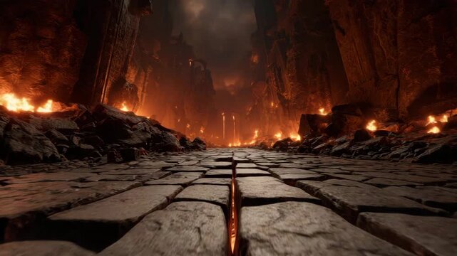 Ancient stone pathway glowing with lava cracks and fiery embers in dark smoky volcanic canyon surrounded by rocky walls and intense molten fire creating dramatic atmosphere