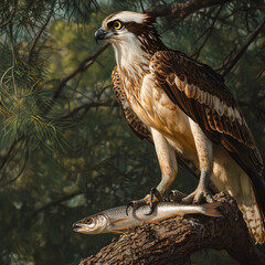 Fototapeta premium Osprey perched atop a tree with a fish in its talon, full body and sharp gaze.