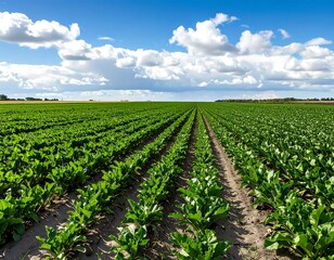Lush green sugar beet field under a partly cloudy sky