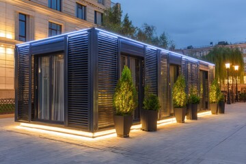 Rectangular dark-grey pavilion with strip windows, lit internally and around the base and roof at twilight on a stone paved public space