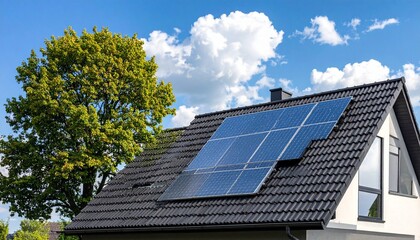 Fototapeta premium Sustainable Home Energy Solar Panels on Residential Roof