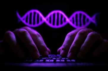 Illuminated hands type on a keyboard against a black background with a purple DNA helix shape above, creating an atmosphere of mystery and coding