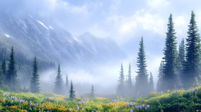 A misty mountainside with pine trees and alpine wildflowers emerging through fog
- Powered by Adobe