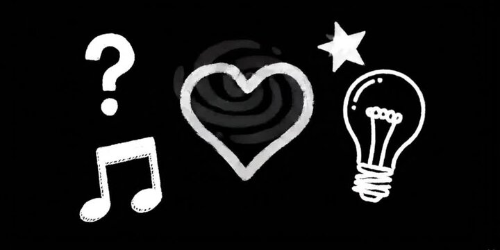 Animated doodle sticker set, white hand-drawn sketch style moving dynamically on a solid black background, playful and minimal design