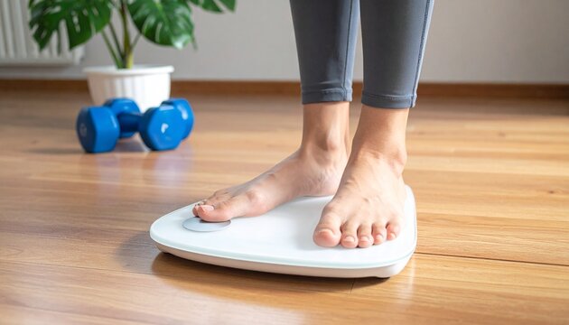 Close-up of bare feet on a modern digital bathroom scale at home, symbolizing personal health measurement, weight monitoring, and the dedication to a fitter lifestyle - Powered by Adobe