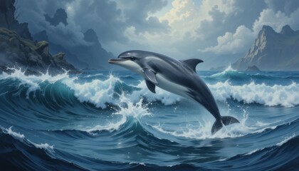 Fototapeta premium An oil painting of a playful dolphin leaping out of the water against a backdrop of stormy ocean waves.