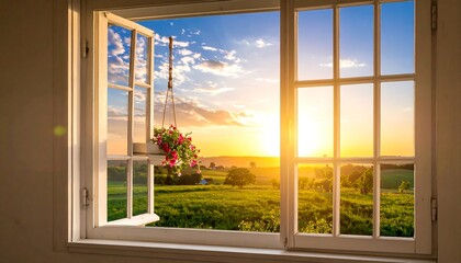 Window view of a beautiful sunset over a field