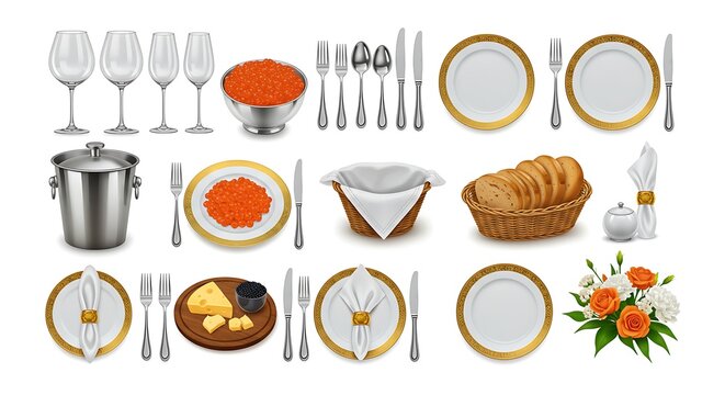 Realistic vector collection of formal dinner service items for a festive celebration or upscale restaurant menu