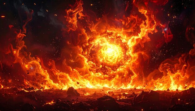 A fiery explosion erupts, illuminating a desolate landscape with intense, swirling energy and dramatic clouds