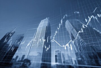 Cityscape overlaid with a financial graph in shades of blue. Buildings blurred in the background. The lines suggest economic trends
