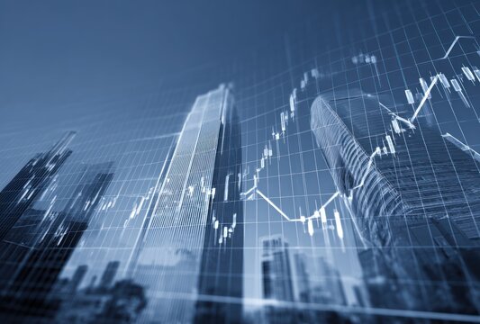 Cityscape overlaid with a financial graph in shades of blue. Buildings blurred in the background. The lines suggest economic trends