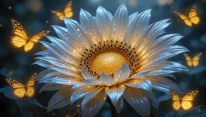A mystical sunflower with glowing silver petals and a golden center, surrounded by enchanted butterflies, fantasy illustration.
