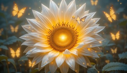 A mystical sunflower with glowing silver petals and a golden center, surrounded by enchanted butterflies, fantasy illustration.
