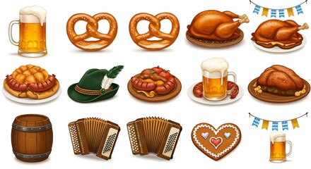A vibrant collection of traditional German festival elements featuring beer, pretzels, roasted chicken, sausages, and Bavarian folk culture icons, ideal for celebrating themed events