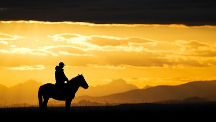 Horse and rider silhouette against golden sunset mountains
