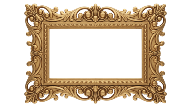 Golden baroque ornamental frame. Antique gold frame isolated on white background