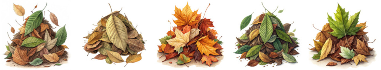 Vibrant autumn leaves cascade in piles, showcasing rich seasonal colors and textures, perfect for fall design projects