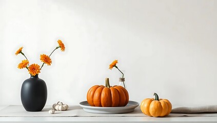 Minimalist Autumn Decor with Pumpkins and Orange Flowers