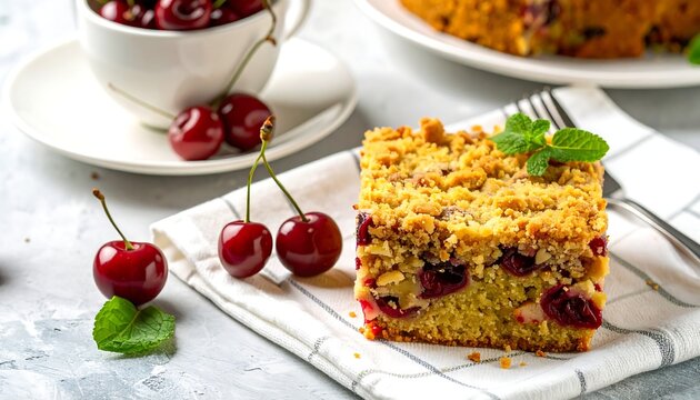 Close-up of a cherry crumble square cake