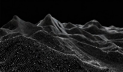 Rendered digital terrain with pixel-like texture, peaks, and varying elevations against a stark black backdrop creates an abstract landscape