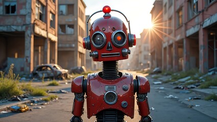 Red robot stands in destroyed urban landscape