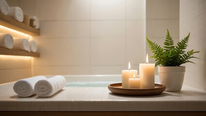 Fototapeta premium Relaxing spa scene with candles towels and plant