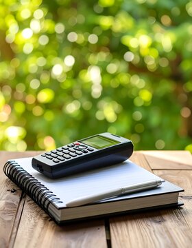 A black credit card reader on a spiral-bound notebook resting on a wooden surface, with a bokeh background of out-of-focus greenery