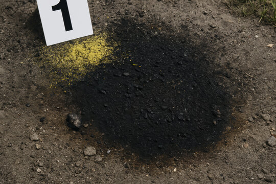 Blackened ground evidence from fire scene, showing charred soil and debris. area is marked with numbered evidence tag, indicating its significance in investigation