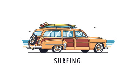 Retro woody station wagon with surfboards on the roof rack, ready for a surf trip to the beach, vintage car illustration symbolizing freedom and adventure