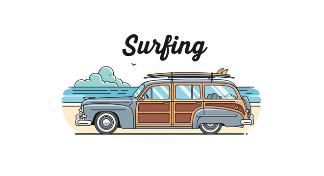 Vintage woody station wagon surfboard transport on a sandy beach with blue ocean and cloudy sky in the background, classic car for coastal travel and summer fun