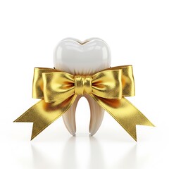 A three-dimensional illustration of a tooth adorned with a gold ribbon bow, set against a white background, exuding a celebratory and healthy dental concept.