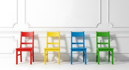 Four brightly colored chairs stand in a row against a pristine white room with decorative molding.