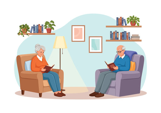Illustration of elderly couple reading books in comfortable armchairs at home