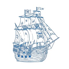 A detailed line drawing of a vintage pirate ship, complete with intricate rigging and tattered sails, set against a stark white background.
